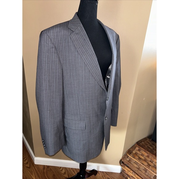 Blue Saks Fifth Avenue Other - Hart Schaffer Marx "Gold" Light Blue Pinstriped Gray Blazer For Belk 44R